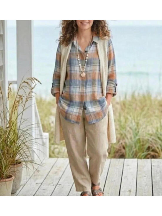 Soft Surroundings Tops - Soft Surroundings sz L‎ linen blue/peach plaid long sleeve button down shirt C